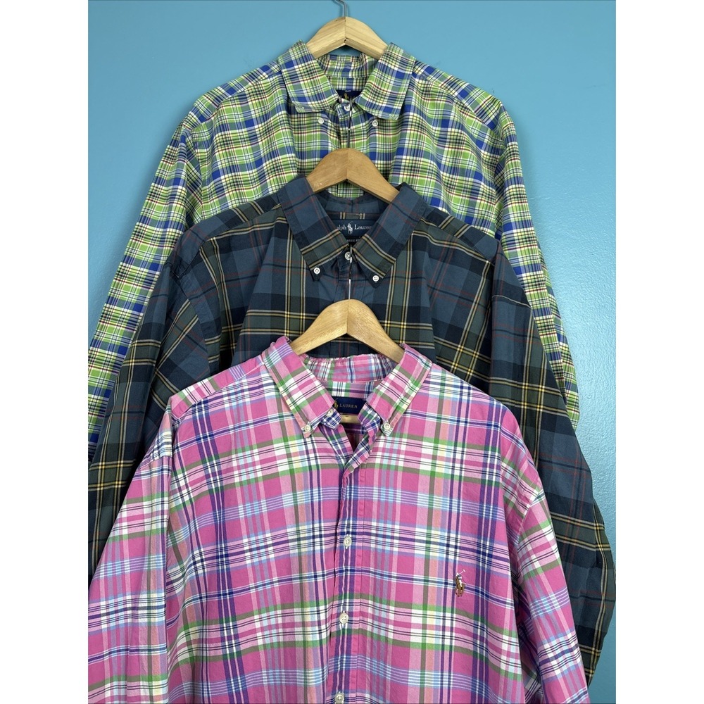 Polo Ralph Lauren 2xB Long Sleeve Button Down Shirt Plaid Flesh Pony Lot Of 3